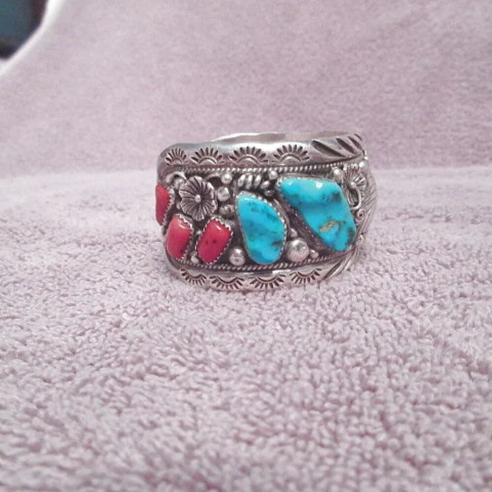 Vtg Navajo Sterling Silver Turquoise Coral Cuff Bracelet Signed Southwestern 78g